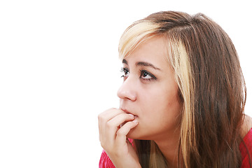 Image showing Woman in doubt portrait isolated on a white background 