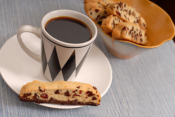 Image showing Chocolate chip and cranberry biscotti with coffee