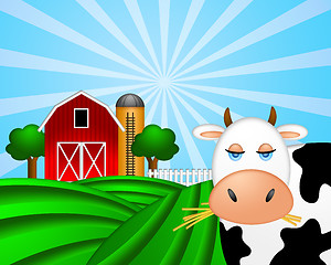 Image showing Cow on Green Pasture with Red Barn with Grain Silo 