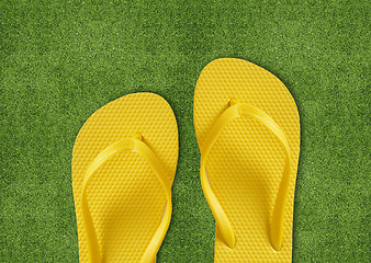 Image showing Yellow Flip Flops on green grass