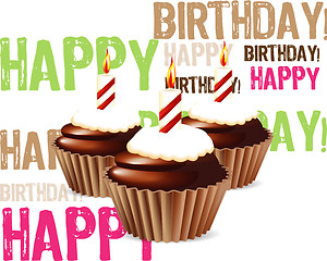 Image showing greeting card from chocolate Birthday cupcake with candle and cr