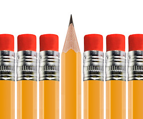 Image showing Sharpened pencil out of Row