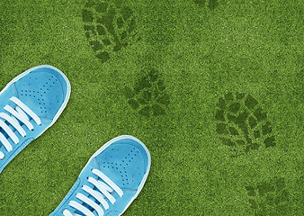 Image showing Shoe print on green grassland