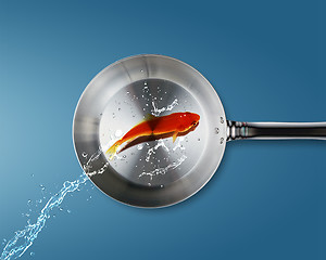 Image showing Golden fish jumping to frying pan