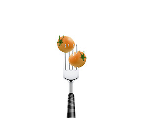 Image showing Tomato pierced by fork,  isolated on white background 