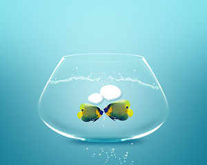 Image showing angelfish faces as social network with speech bubbles.