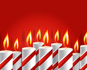 Image showing burning candle and shadow on red background 