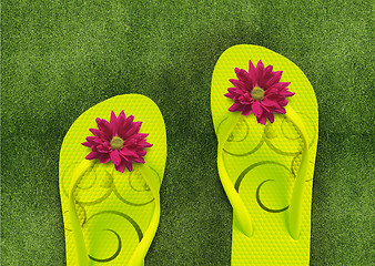 Image showing Colorful Flip Flops on green grass