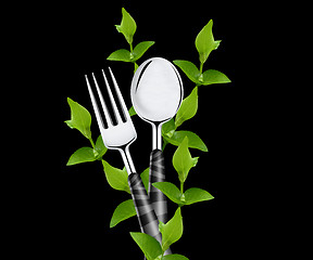 Image showing green leaves around fork and spoon