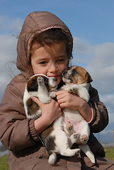 Image showing sad little girl and puppies