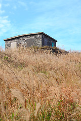 Image showing old stone house with grass on the mountain 