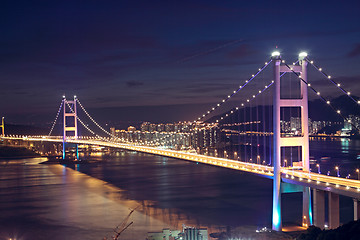 Image showing Beautiful night scenes of Tsing Ma Bridge in Hong Kong. 