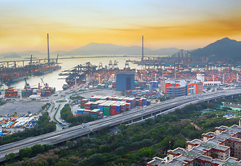 Image showing sunset in cargo container terminal