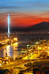 Image showing sunset in cargo container terminal