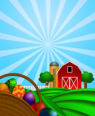 Image showing Easter Eggs Basket with Red Barn on Green Pasture