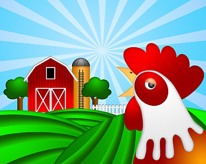 Image showing Rooster on Green Pasture with Red Barn with Grain Silo 