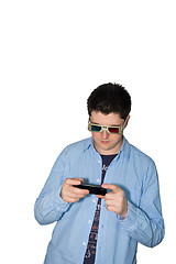 Image showing man watching 3d movie at mobile phone