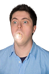 Image showing man with a glowing lightbulb in his mouth