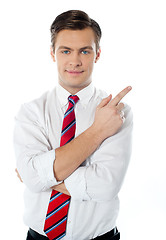 Image showing Smart businessperson pointing away from camera