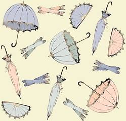 Image showing Illustration of vintage umbrella, fan, glove. Seamless background fashionable modern wallpaper or textile.