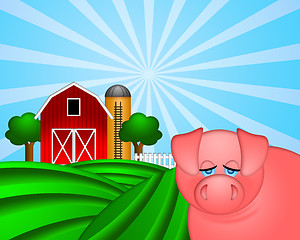 Image showing Pig on Green Pasture with Red Barn with Grain Silo 