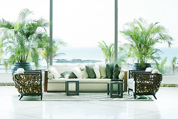 Image showing sofas overlooking sea in Playa Bonita, Panama. 