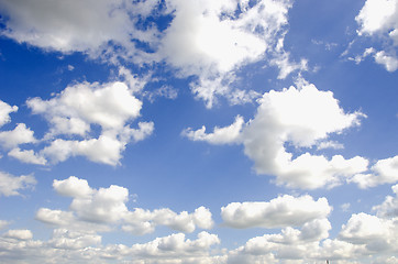 Image showing Background of sun illuminated clouds in blue sky 