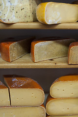 Image showing Cut cheese on shelves in store