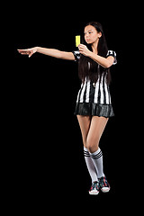 Image showing Sexy Soccer Referee with yellow card