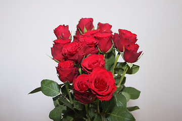 Image showing bouquet of red roses in a vase on white background