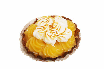 Image showing lemon tart with whipped cream on a white background