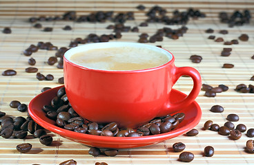 Image showing Cup of coffee with roasted beans