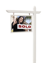 Image showing Real Estate Sign with Female Agent and Sold Sign