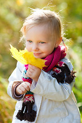 Image showing Toddler girl with yellow leave