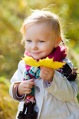 Image showing Toddler girl outdoors at autumn day