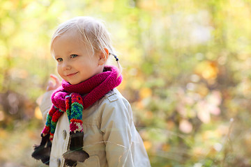 Image showing Toddler girl outdoors at autumn day