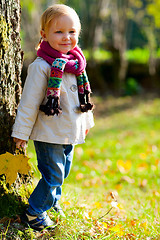 Image showing Toddler girl standing near tree