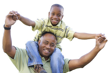 Image showing African American Son Rides Dad's Shoulders Isolated