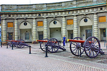 Image showing Guns and guard near the Royal Palace in Stockholm