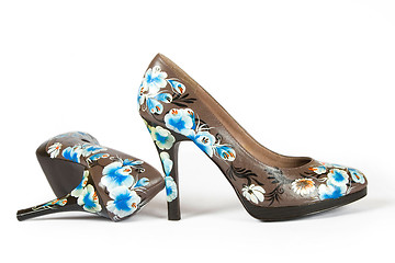 Image showing high heels shoes with printed flower