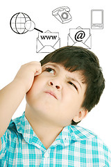 Image showing Thoughtful child with icons on the background 