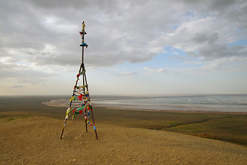 Image showing Triangulation mark with buddhist prayer flags