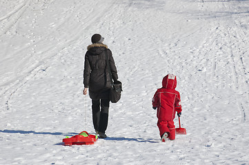 Image showing Mother and child going to slide