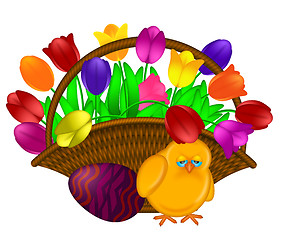 Image showing Basket of Colorful Tulips Flowers with Chick Illustration