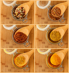 Image showing collage of mixture spice in a wooden spoon