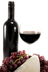 Image showing red wine with grapes and brie