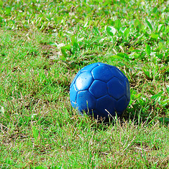 Image showing Dark blue ball on green grass