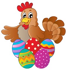 Image showing Hen with various Easter eggs