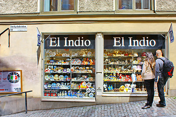 Image showing Tourists near the gift shop El Indio in Stockholm