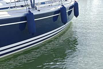 Image showing Blue motorboat on calm water